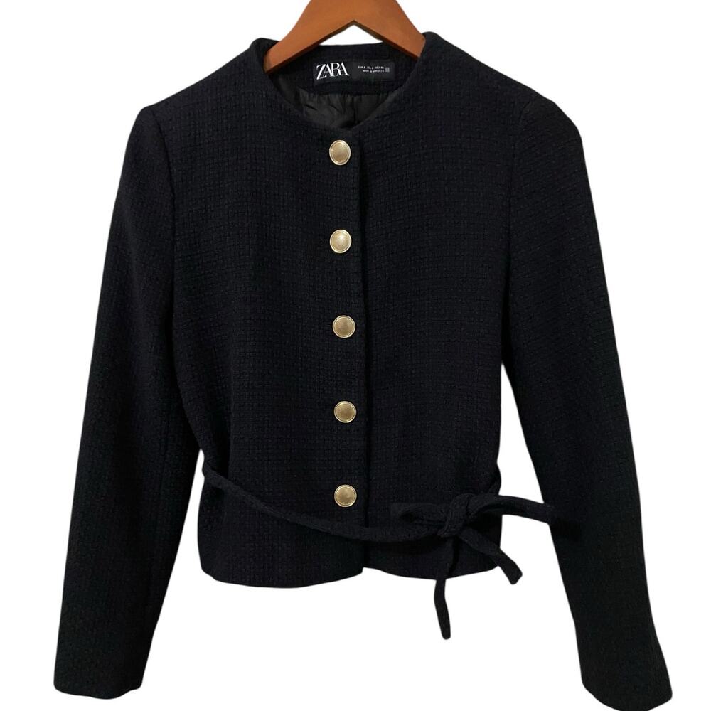 Zara Structured Blazer Lady Jacket Small Black Belted Gold Buttons Preppy Trendy - Picture 6 of 16